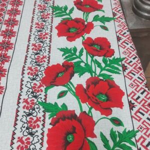 Скатертна Рогожка Сіра З Українським Орнаментом І Маками