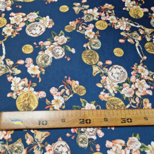 Шовк Темно-Синій Принт Квіти Та Монети